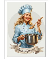 Bon Appetit Aşçı Kadın Tencere Dekoratif Kanvas - Mdf Ahşap Tablo