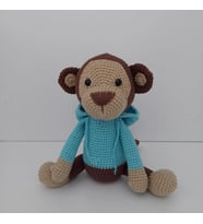 Mavi Kapşonlu Sevimli Maymuş Amigurumi Organik Oyuncak