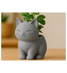 Alvera Sevimli Kedi Saksı – 3D Baskı Figürlü Minik Yeşil Saksısı-Gri