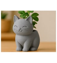 Alvera Sevimli Kedi Saksı – 3D Baskı Figürlü Minik Yeşil Saksısı-Gri