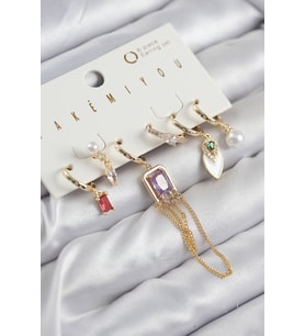 Pirinç Zirkon Taşlı Sallantılı Ve İncili Gold Renk 6'lı Küpe Set 5886 - GLST9049-6566