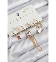 Pirinç Zirkon Taşlı Sallantılı Ve İncili Gold Renk 6'lı Küpe Set 5886 - GLST9049-6566