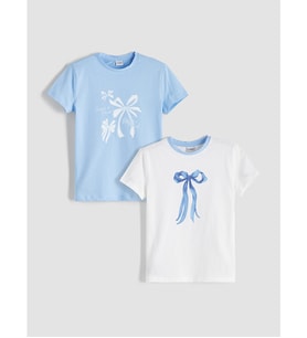 LCW Kids Beyaz Bisiklet Yaka Fiyonk Baskılı Kız Çocuk Tişört 2'li
