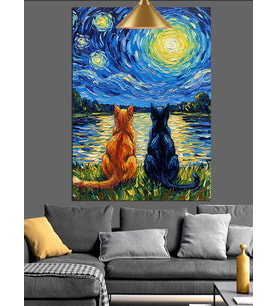 Vincent Van Gogh Yıldızlı Gece Kediler Dekoratif Kanvas - Mdf Ahşap Tablo