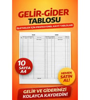 Gelir Gider Tablosu A4 10 Sayfa  İşletmeler İçin Muhasebe Kayıt Defteri Gelir Gider Takip Formu