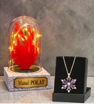Led Işıklı Kişiye Özel Fanus ve Gerçek Ametist Taşlı Lotus Kolye (Model 7)