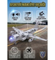 Metal Alaşım Işıklı Sesli Çek Bırak Askeri Kargo Uçağı - 22 cm Büyük Boy Model Uçak
