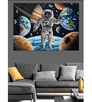 Gezegenlerle Oynayan Astronot Dekoratif Kanvas - Mdf Ahşap Tablo