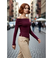 Kadın Fitted Carmen Yaka İnce Triko Kazak Uzun Standart Kol Düz Premium İplik Sonbahar Şıklığı