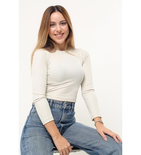 Kadın Krem Fitilli Balıkçı Yaka Uzun Kollu Crop Örme Bluz Body TRP23K-BDY231023