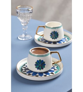 Roman 2 Kişilik Kahve Fincan Takımı 90 ml (Beyaz-Mavi)