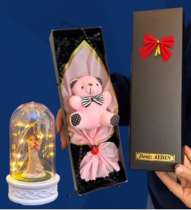 Size Özel İsimli Kutuda Pembe Peluş Ayıcık ve Led Işıklı Biblolu Fanus (Model 5)