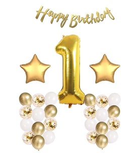 Gold Konsept Doğum Günü Kutlama Seti; Beyaz Gold Konfetili Balon, Rakam Yıldız Folyo Ve Banner