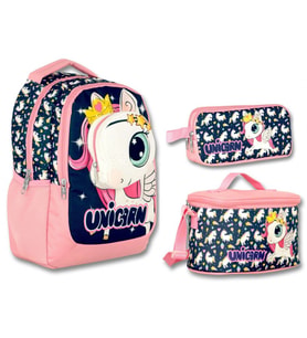 Cennec 3D Unicorn Lacivert-Pembe Kız Çocuk Üçlü İlkokul Çanta Seti (Çok Renkli)