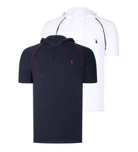 İKİLİ SET T8570 DEWBERRY KAPŞONLU ERKEK T-SHIRT-LACİVERT-BEYAZ