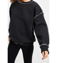 Bol Bisiklet Yaka Düşük Kol Uzun Normal Kalıp Karyoka Dikişli Kalın Polarlı Örme Sweatshirt (Siyah)