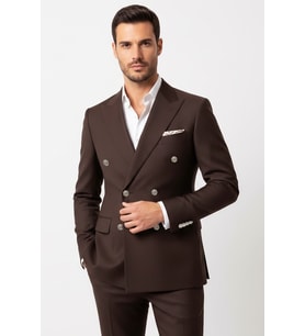 Gümüş Renk Metal Düğmeli Modern Fit Kruvaze Kahverengi Erkek Takım Elbise – Wessi