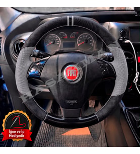 Fiat Punto Dikme Direksiyon Kılıfı Delikli Deri Parlak Siyah Gri Detay Çift Yüzük ve Dikiş 2012-2018