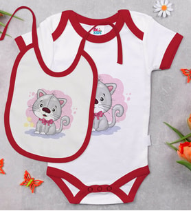 BK Kids Sevimli Kedi Tasarımlı Kırmızı Bebek Body Zıbın ve Mama Önlüğü Hediye Seti-1