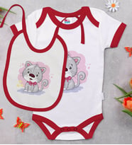 BK Kids Sevimli Kedi Tasarımlı Kırmızı Bebek Body Zıbın ve Mama Önlüğü Hediye Seti-1