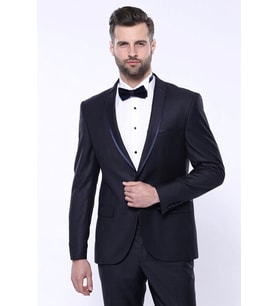 Yaka Pileli Lacivert Slim Fit Damatlık Takım Elbise  Wessi