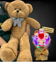Kişiye Özel Led Işıklı İsimli Ayıcık Buketi ve Büyük Boy 80cm Kahverengi Peluş Ayıcık (Model 2)