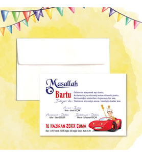 Sünnet Davetiyesi Zarf ve Baskı Dahil (Beyaz yada Kraft Zarflı) - Sünnet Çocuğu Tasarım - Sünnet - Mevlüd Davetiyesi (Beyaz)