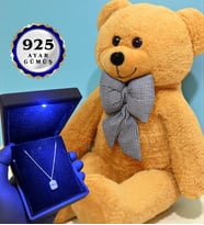 Premium Hediye Seti Büyük Boy Kahve Peluş Ayıcık ve Gerçek 925 Ayar Gümüş Kolye (Model 7)