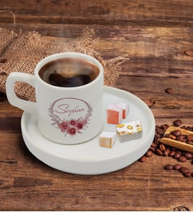 BK Gift Kişiye Özel Sunum Tabaklı Çiçek Tasarımlı Türk Kahvesi Fincanı Model 1