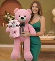 Sevgiliye Özel Tasarım Seti 90 Cm Peluş Ayı ve Fotoğraflı 4'lü Pembe Ayıcık Buketi