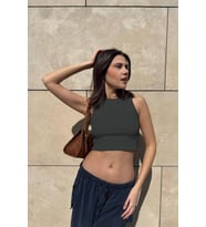 Nare Antrasit Mavi Bisiklet Yaka Kolsuz Crop Bluz (Antrasit)