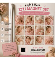 12'li Kare Fotoğraf Magneti Yenidoğan Kız Bebeğe Kişiselleştirilebilir İlk Anılar Hediye Seti