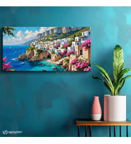 Yatay Panoramik Kanvas Tablo Akdeniz Sahil Kasabası Manzara Tablosu Ev Ofis Duvar Dekoru