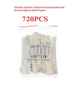 720 Adet 1pF/10uF 1206 Kılıf Smd Kondansatör Seti 36 Farklı Değerde Şeffaf Poşette