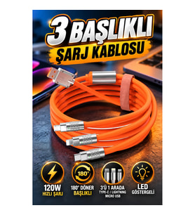 120W 3'ü 1 Arada Silikon Hızlı Şarj Kablosu USB Type-C 180° Döner Başlıklı LED Göstergeli