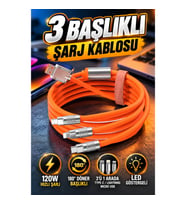 120W 3'ü 1 Arada Silikon Hızlı Şarj Kablosu USB Type-C 180° Döner Başlıklı LED Göstergeli