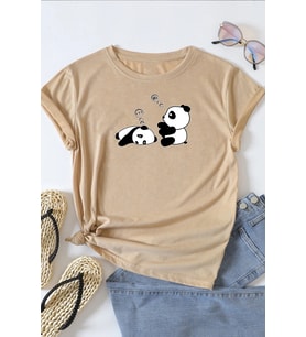 Unisex Uykucu Panda Baskılı Tasarım Tshirt (Bej)