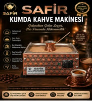 SAFİR BAKIR KUMDA KAHVE MAKİNESİ BÜYÜK BOY CEZVE DAHİL ORTA BOY 35X28 CM EBATLI 4 CEZVELİK BAKIR KUMDA TÜRK KAHVE MAKİNESİ