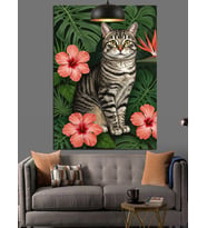 Hibiskus Çiçekli Kedi Portresi Dekoratif Kanvas - Mdf Ahşap Tablo