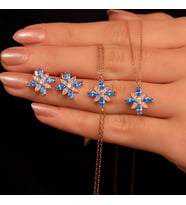 925 Ayar Gümüş Aquamarine Taşlı Kamelya Çiçeği Set