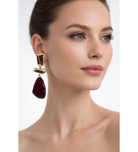 Bordo Taşlı Geometrik Sallantılı Küpe