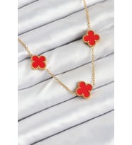 316L Çelik Zincir Gold Kırmızı Renk Yonca Kadın Kolye 5886 - HPSBYI2684-1039