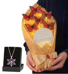 Premium Hediye Seti Led Işıklı Aynalı Kelebek Buketi ve Gerçek Ametist Taşlı Lotus Kolye (Kırmızı)