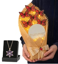 Premium Hediye Seti Led Işıklı Aynalı Kelebek Buketi ve Gerçek Ametist Taşlı Lotus Kolye (Kırmızı)