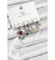 Pirinç Zİrkon Taşlı Gül Ve Papatya Model Gümüş Renk 3'lü Çift Kadın Küpe - TJ-BKP10956