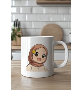 Sevimli Çiçekli Tesettür Kız Figürlü 330ml Baskılı Beyaz Seramik Kupa Bardak