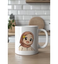 Sevimli Çiçekli Tesettür Kız Figürlü 330ml Baskılı Beyaz Seramik Kupa Bardak