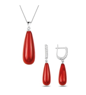 925 Ayar Gümüş Uzun Damla Model Kolye Küpe Mercan Taşlı Set