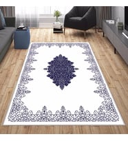 Beyaz Desenli Mor İşleme Yıkanabilir Kaymaz Taban Leke Tutmaz Modern Salon Halısı ve Yolluk (Lacivert-Beyaz)