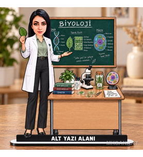 Kişiye Özel Kadın Biyoloji Öğretmeni Karikatürlü 18 cm MDF Masaüstü Biblo - Öğretmen Hediyesi Öğretmene Özel Hediye